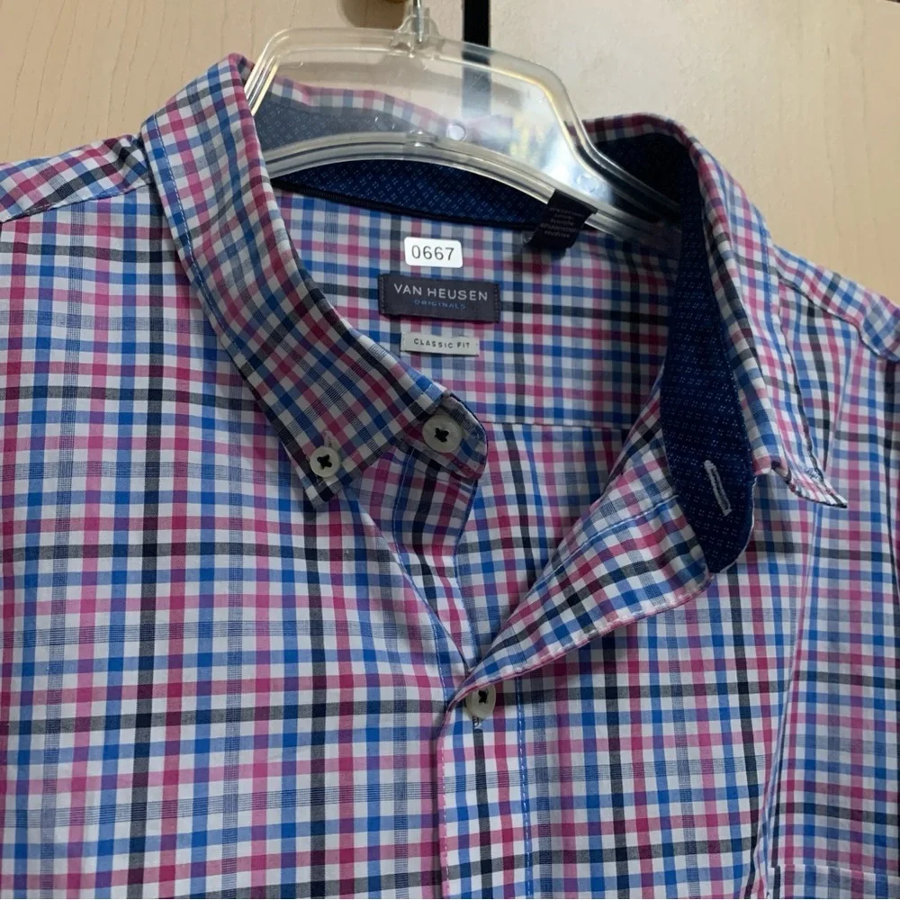 Van Heusen Shirt Men's XXL Classic Fit Long Sleeve Flip Cuff Button Up Pink Blue